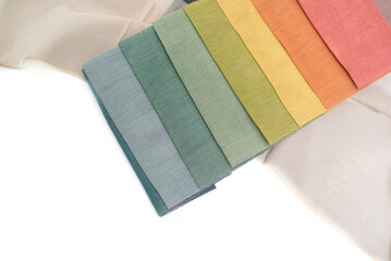 Bright colorful fabric with texture for home decor. Fabric samples for curtains and tulles