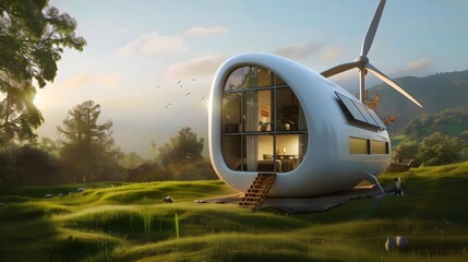 Futuristic Eco-Friendly Modular Home Pod Blending with Idyllic Natural Landscape
