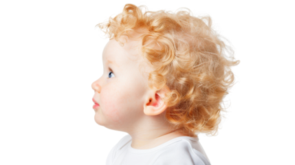 Curly-haired baby looking thoughtfully to the side.