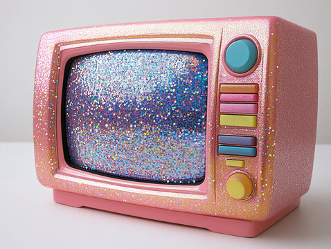 pink vintage television box with a gold metal finish, adorned with colorful buttons and a screen that displays a blank image.