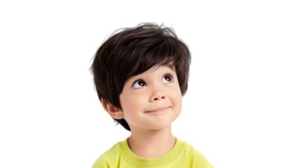 Cute boy looking up with a thoughtful expression, white background