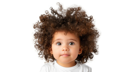 Fototapeta premium Cute child with curly hair poses on a white background.