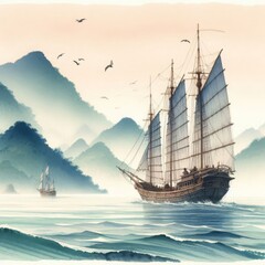 Obraz premium Sailing Vessel by Mist-Covered Mountains