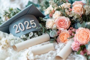 Silver "2025" on graduation cap with tassel, diploma scrolls, and bouquet on white background, elegant and celebratory.

