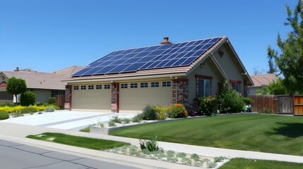 Naklejka premium Modern Eco-Friendly Residential House with Solar Panels and Lush Landscaping in Sunny Backyard
