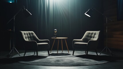 Dimly lit podcast setup featuring two chairs in a professional setting, open copy space on dark background for branding, ideal for media.