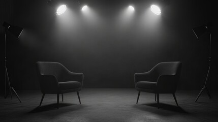 Elegant podcast studio with two chairs facing each other under spotlights, dark background with space for branding or media elements.