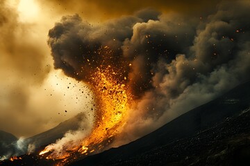 Towering Volcanic Eruption Spewing Billowing Plumes of Ash and Lava in Dramatic Chiaroscuro Lighting