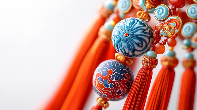 Intricate and Colorful Chinese Lucky Knot Tassel Hanging Gracefully on a Pristine White Background