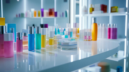a white clean table with a lot of bright cosmetic products on it