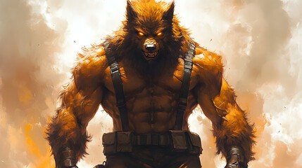Hyperrealistic Comic Book Style Werewolf Ready for Battle with Intense Expression and Muscular Physique