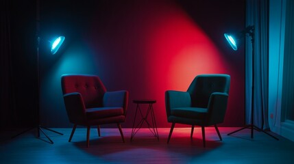 Modern podcast or interview setup featuring two chairs under soft lights, dark background ready for branding, perfect for media use.