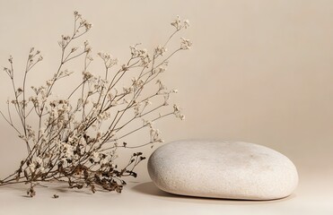 Dried White Flowers and a Round Stone on a Neutral Background