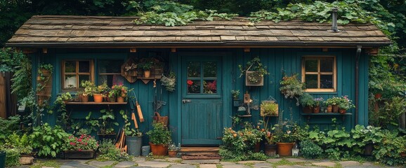 Charming Teal Garden Shed with Lush Greenery