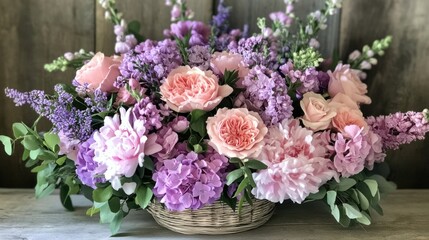 Floral Arrangement - Pastel pinks and lilacs arranged in a delightful, soft floral setting.