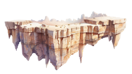 Floating rock formation with unique layered structure, white isolate background.