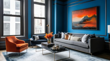 Modern Living Room with Orange Armchair and Blue Walls