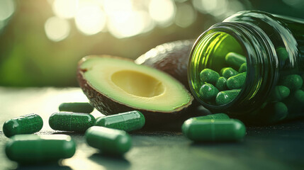 Fresh Avocados and Green Pills in Sunlight