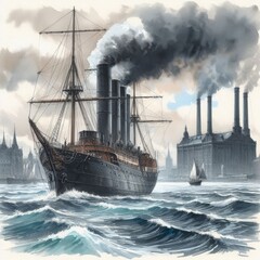 Obraz premium Watercolor of Antique Steamboat