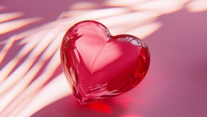 Fototapeta premium red glass heart lies on aesthetic pink background