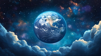 A Whimsical Cartoon Depiction of Earth as Observed from Outer Space with Swirling Clouds Above
