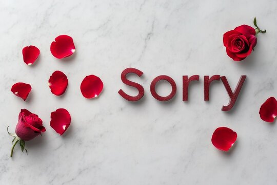 Apology Concept with Red Roses and Petals on Marble Background Spelling Sorry in Bold Letters for Forgiveness, Love, and Romantic Gesture Stock Photography