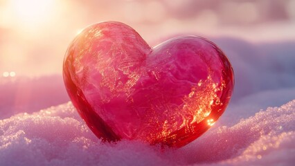 red glass heart lies on snowy background