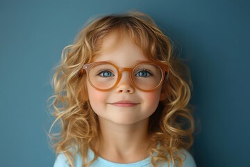 Obraz premium a joyful little girl with curly blond hair and oversized eyeglasses exuding innocence and charm set against a solid blue background that enhances her playful personality