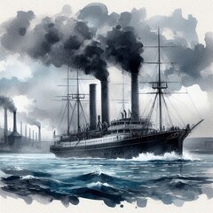 Obraz premium Watercolor of Steamboat on Open Sea