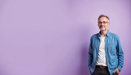 Fototapeta premium Mature man smiling confidently against purple background