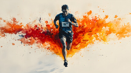 Vibrant Watercolor Marathon Runner Depicting Motion and Determination with Colorful Drips and Energetic Streaks