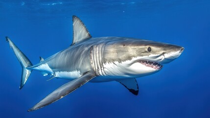 Fototapeta premium Majestic Shark Swimming in Clear Blue Ocean Water