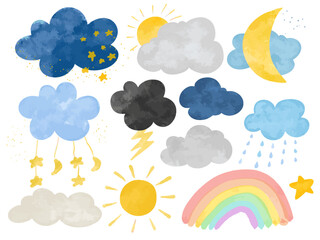 Set of clouds sun rainbow rain moon sunny cute watercolor