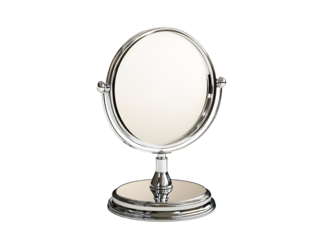 a silver mirror with a stand