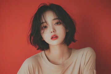 Fototapeta premium Asian Woman with Short Hair in Beige T-Shirt on Red Background