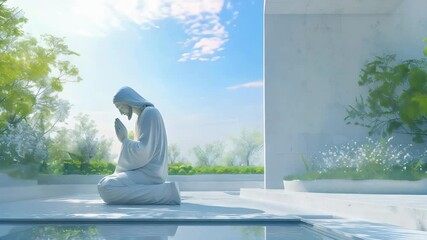 A minimalist sculpture of Jesus praying in a peaceful garden, with cool blues and greens evoking a sense of calm