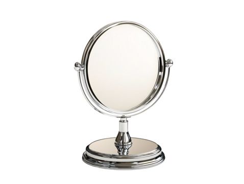 a silver mirror with a stand