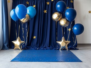 Elegant Blue and Gold Balloon Decoration with Star Accents for Celebrations