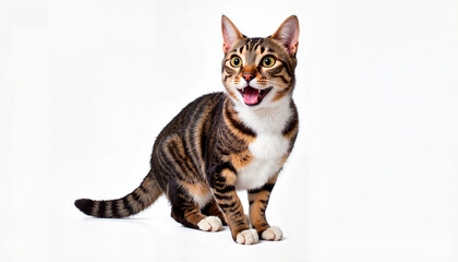 Fototapeta premium Tabby cat meowing excitedly on white background