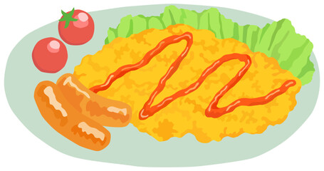 ケチャップのかかったスクランブルエッグのイラスト ベクター素材