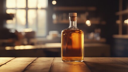 Elegant Bottle of Amber Liquid on Wooden Surface