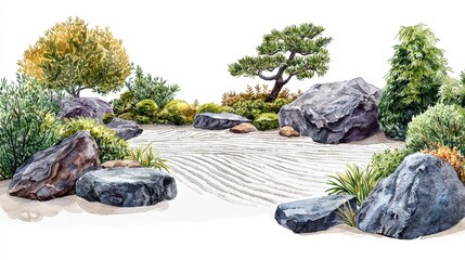 Obraz premium Serene Japanese rock garden with greenery and large stones, evoking tranquility and peaceful contemplation in a minimalist design.