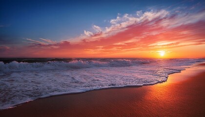 Obraz premium Waves on the beach at red sunset