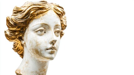 Golden-accented plaster Venus head, isolated on white, a blend of classical art and modern aesthetics