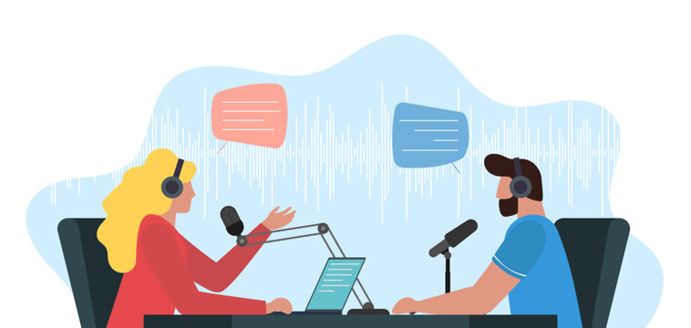 Male and female persons recording audio discussion in online radio broadcast studio. Man and woman podcast talking with microphones and headphones. Live streaming channel podcasting and broadcasting