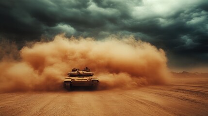 Tank Moving Through Dusty Terrain Under Dark Clouds