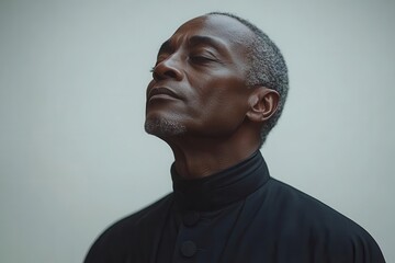 Obraz premium a priest stands in serene contemplation portrayed against a clean white background exuding a sense of peace and devotion through simple attire and a gentle expression