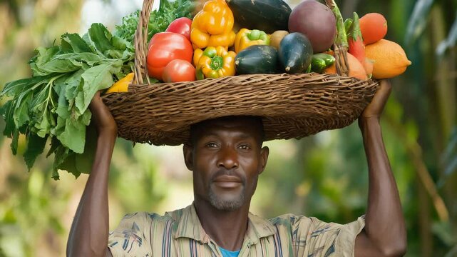 The Hands That Feed: An African man carrying a basket full of produce on his head