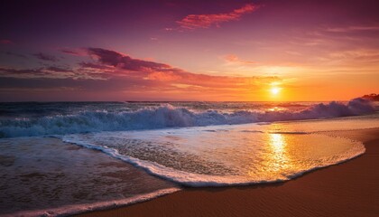 Obraz premium Waves on the beach at red sunset