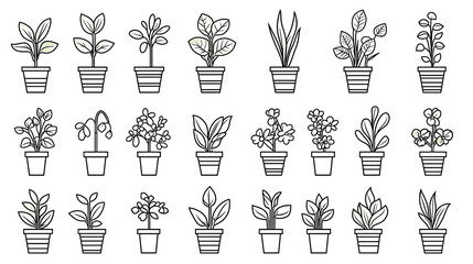 Potted Plants Line Art Houseplants Flowers Herbs Gardening Icons (Transparent Background)